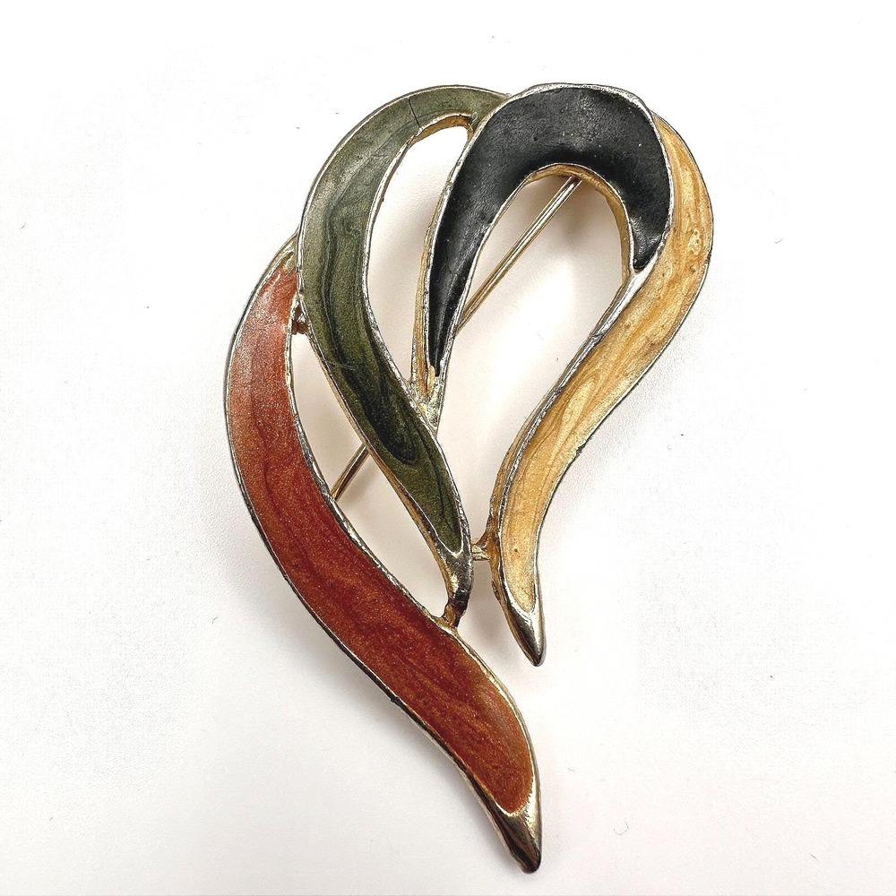 Vintage 80s Enamel Abstract Brooch Pin Brown Green Black Swirl Gold Tone Jewelry